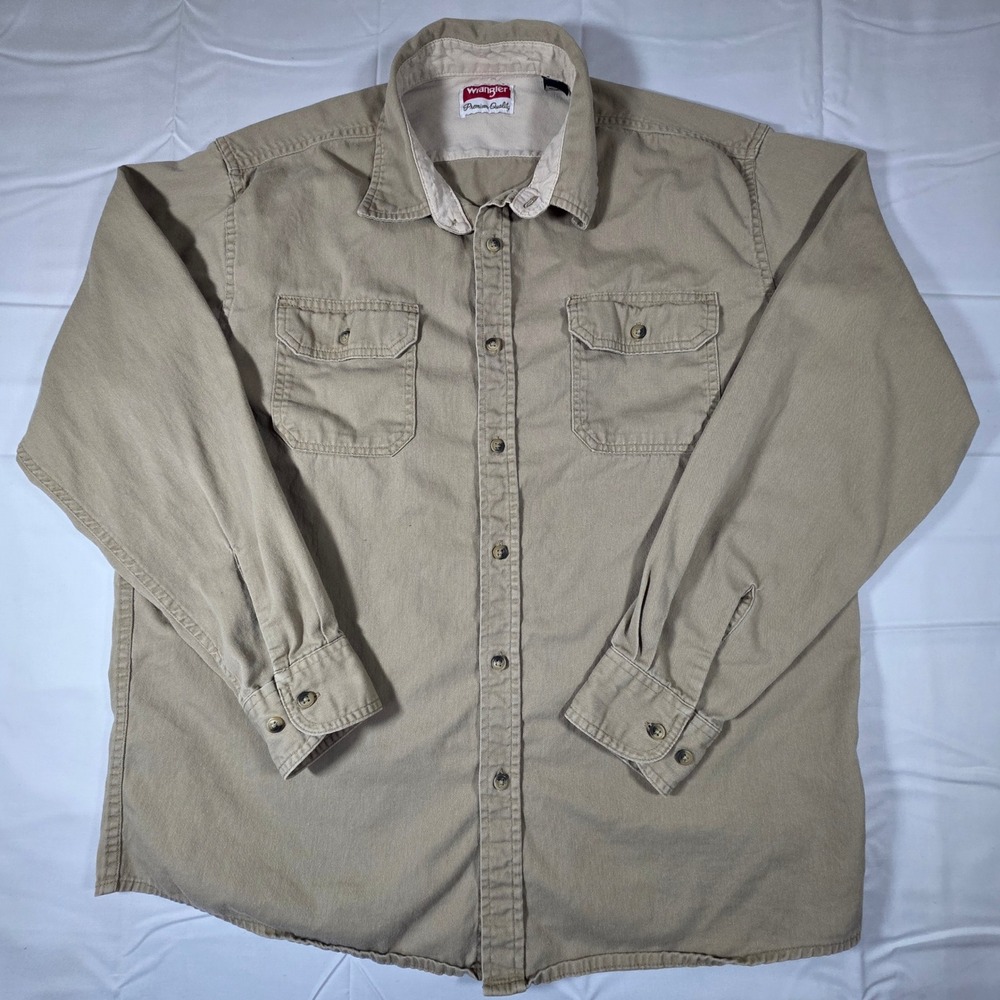 Wrangler Mens Premium Quality Khaki Tan Cotton Twill Long Sleeve Work Shirt L